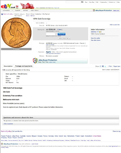 eykamp 1896 Gold Sovereign eBay Auction Listing